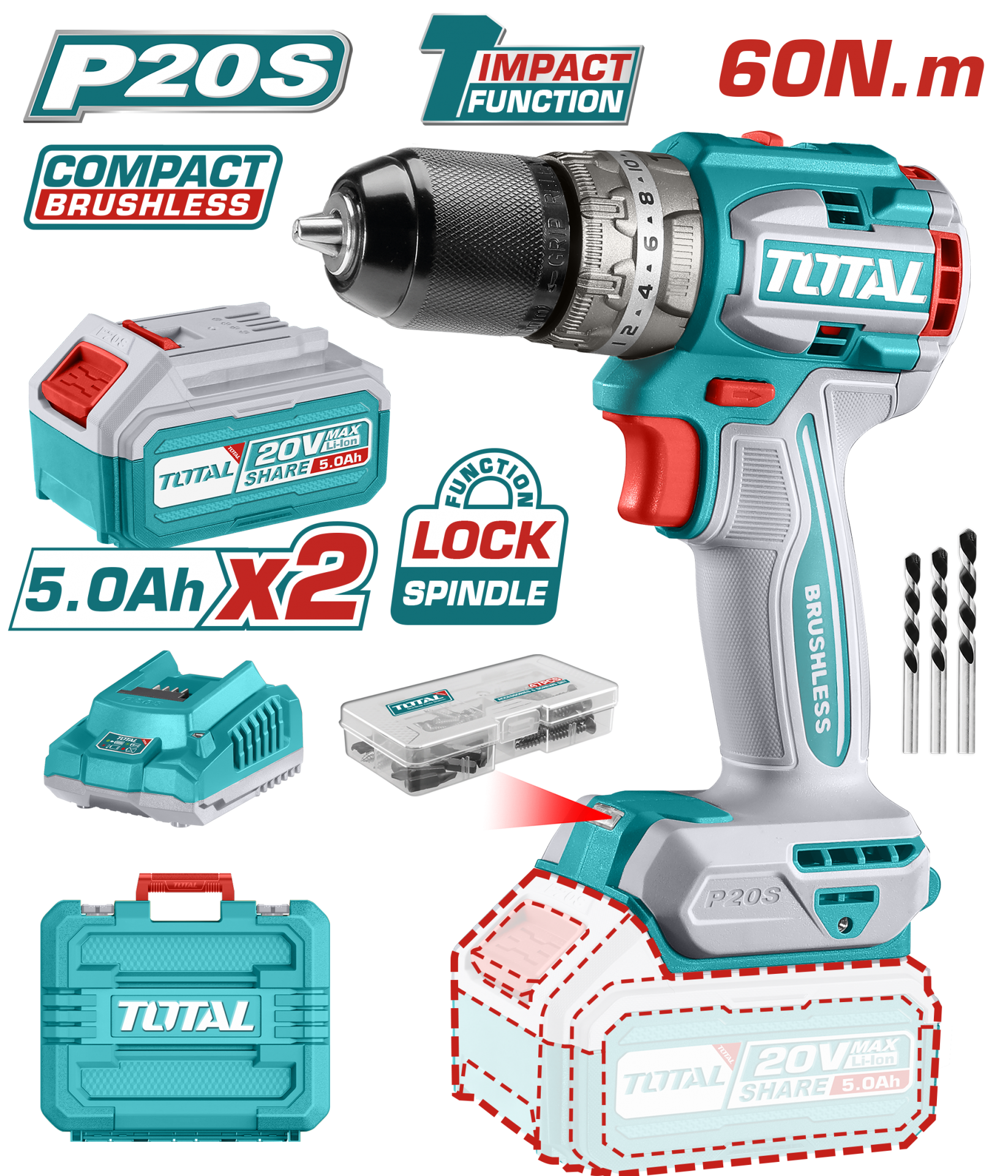 Total Darbeli Matkap Li-on Akülü Kömürsüz 5AH