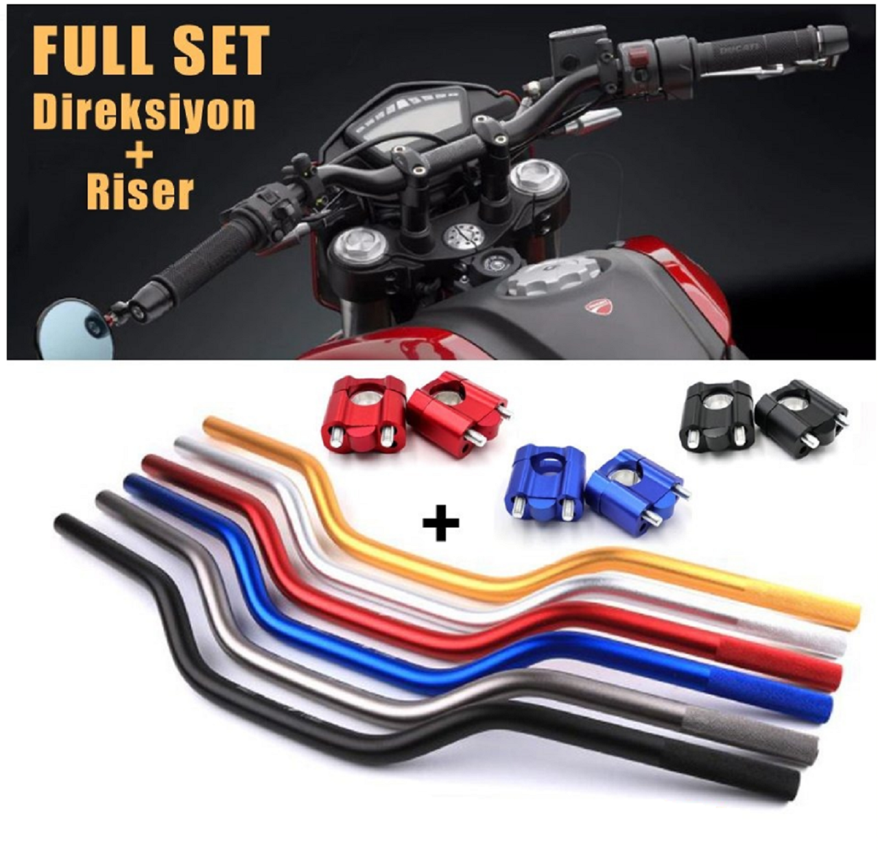 Motosiklet Gidon + Bağlantı Adaptörü Seti Siyah 28mm RENİXPART