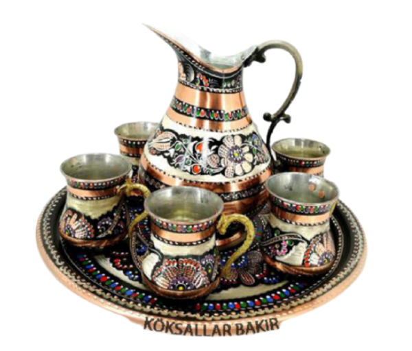 Bakır Sürahi Takımı 6 Lı İşlemeli