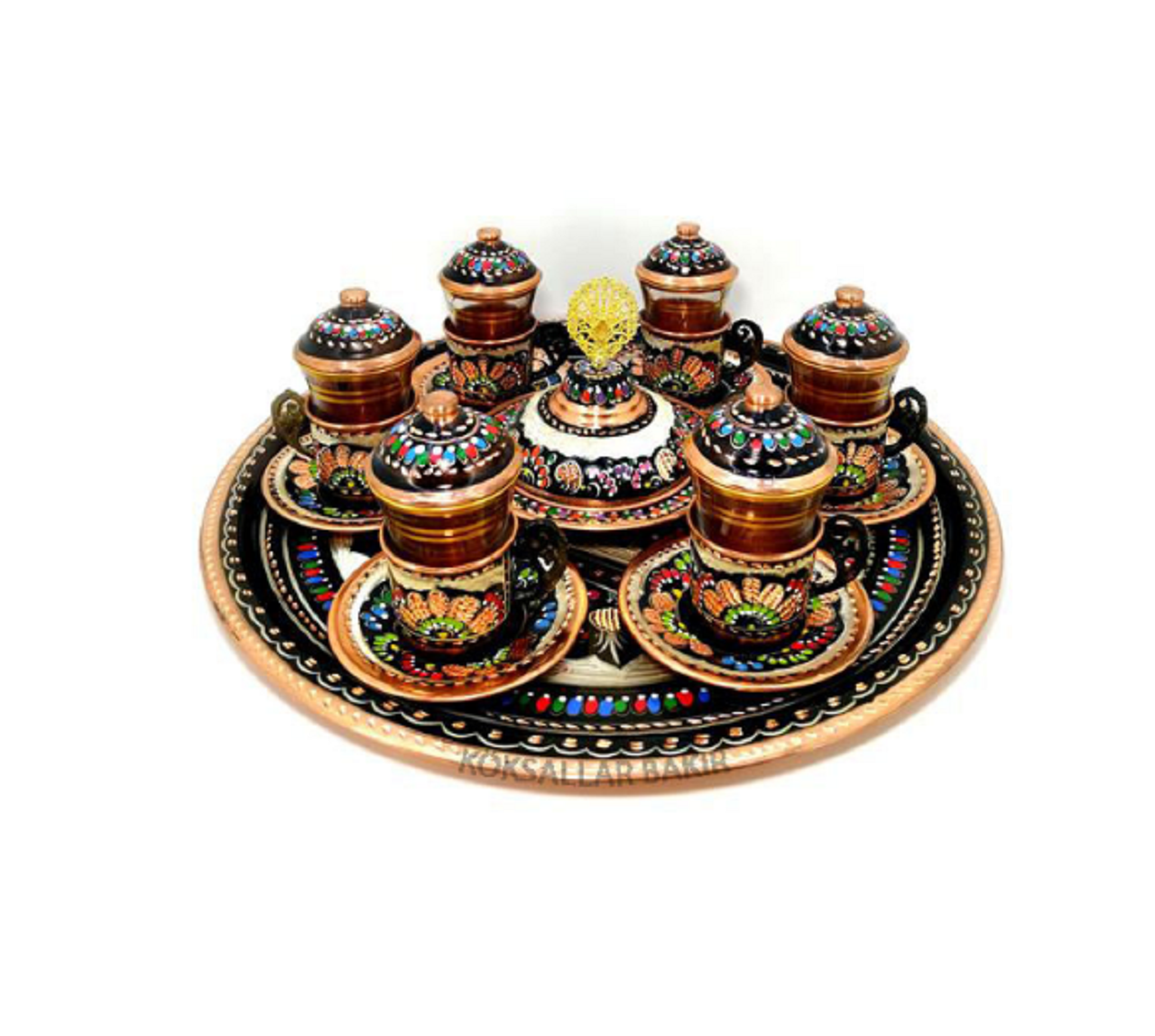 Bakır Çay Seti 6 Kişilik İşlemeli