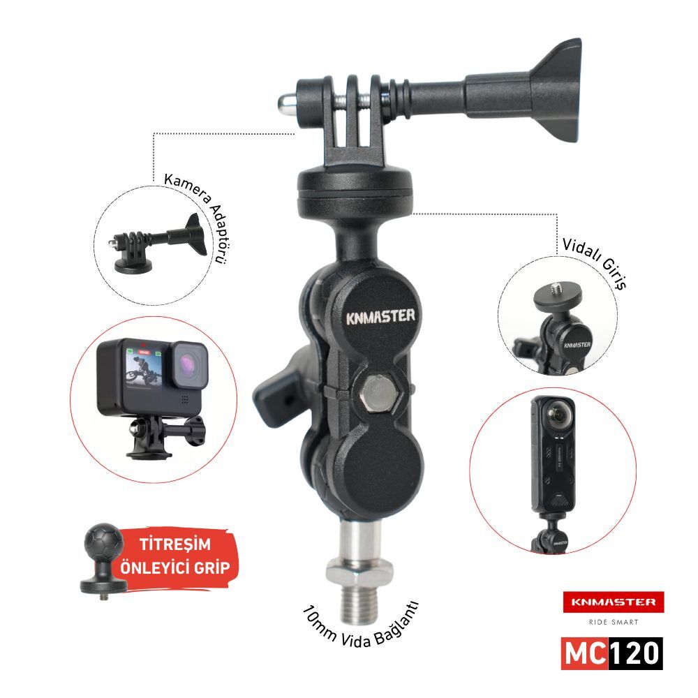 Knmaster MC120  360° Ayarlanabilir Motosiklet 10mm Vida Bağlantılı Aksiyon Kamera Aparatı