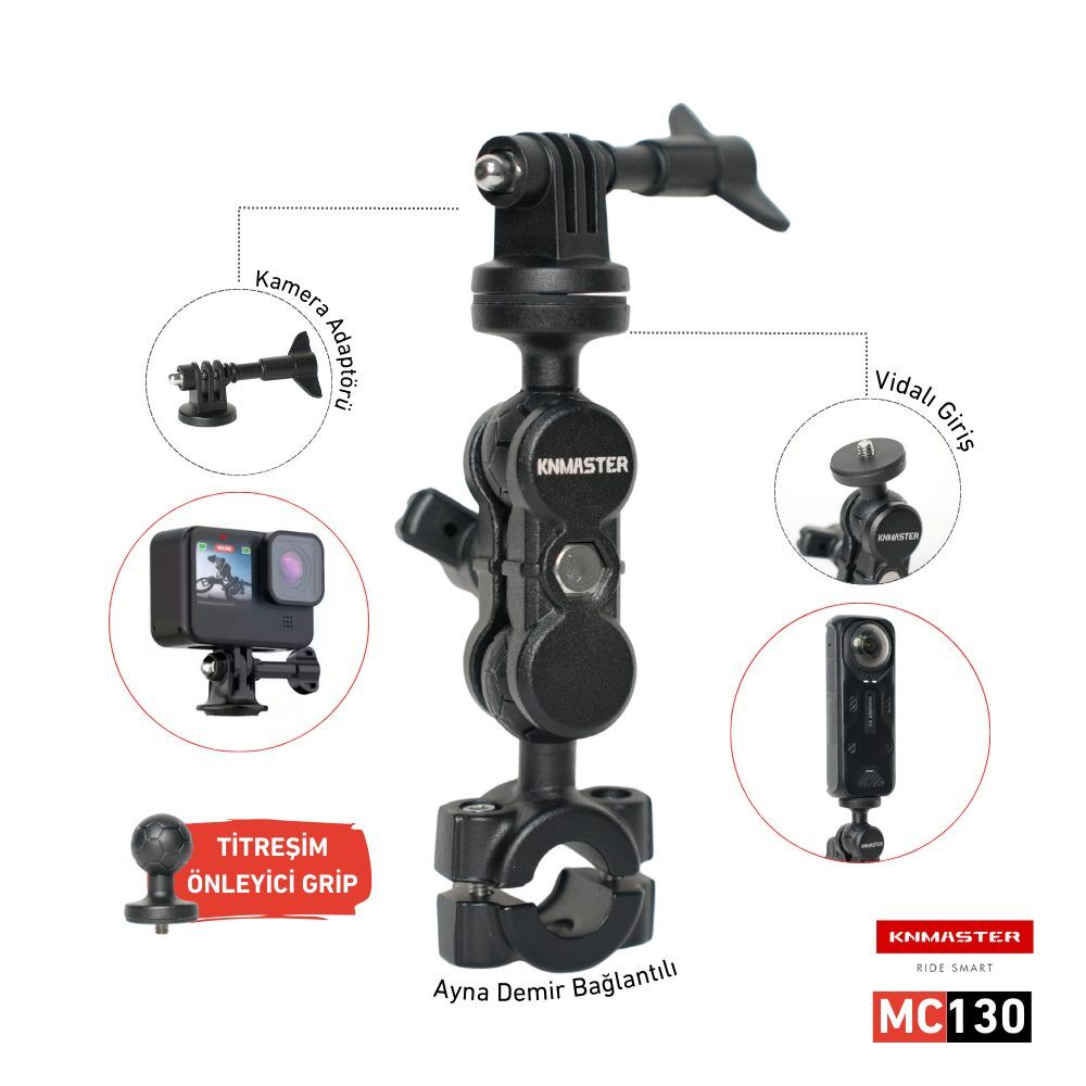 Knmaster MC130  360° Ayarlanabilir Motosiklet Ayna Demir Bağlantılı Aksiyon Kamera Aparatı