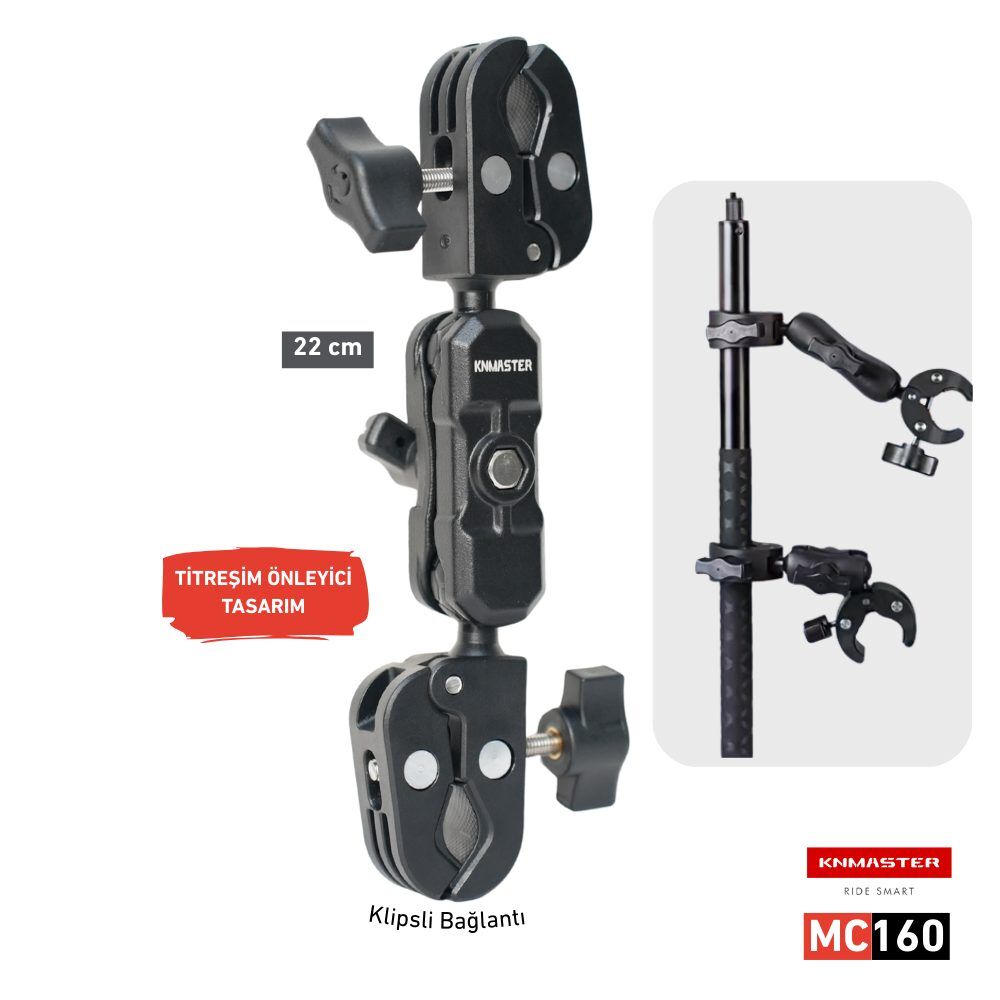 Knmaster MC160 – 360° Ayarlanabilir Motosiklet Çift Yengeç Kelepçeli (Double Clamp) Aksiyon Kamera Destek Aparatı (22 cm)