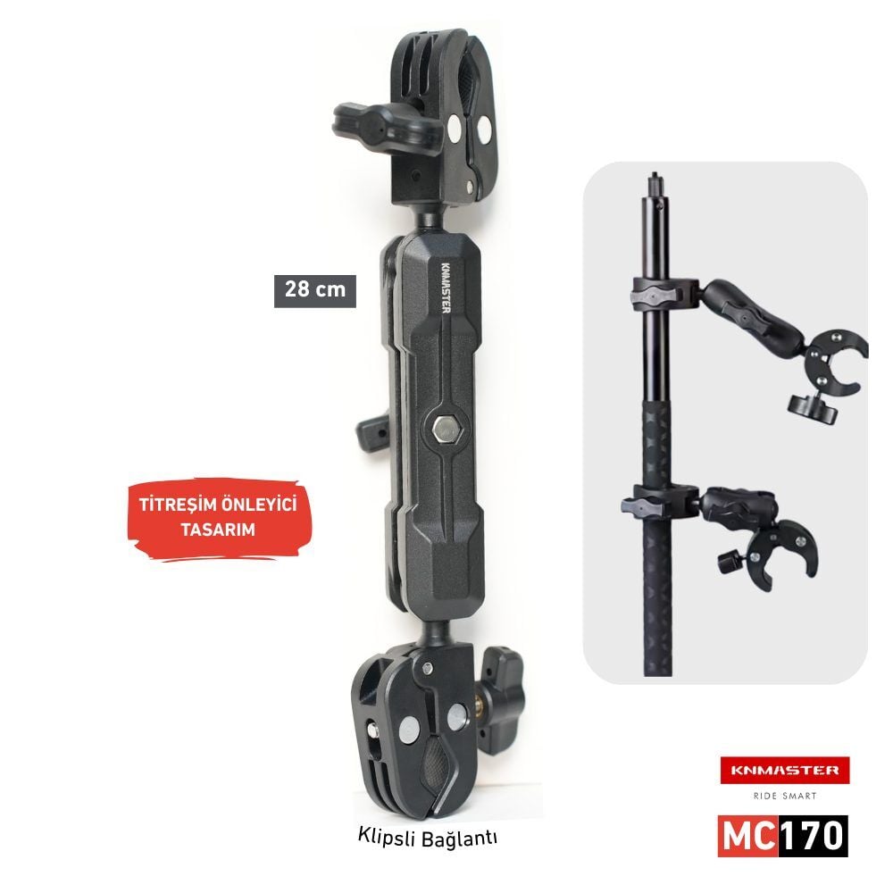Knmaster MC170  360° Ayarlanabilir Motosiklet Çift Yengeç Kelepçeli (Double Clamp) Aksiyon Kamera De