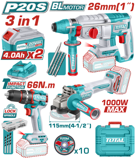 Total TOSLI241198E Kırıcı Delici-Darbeli Matkap-Taşlama Seti 3 Lü