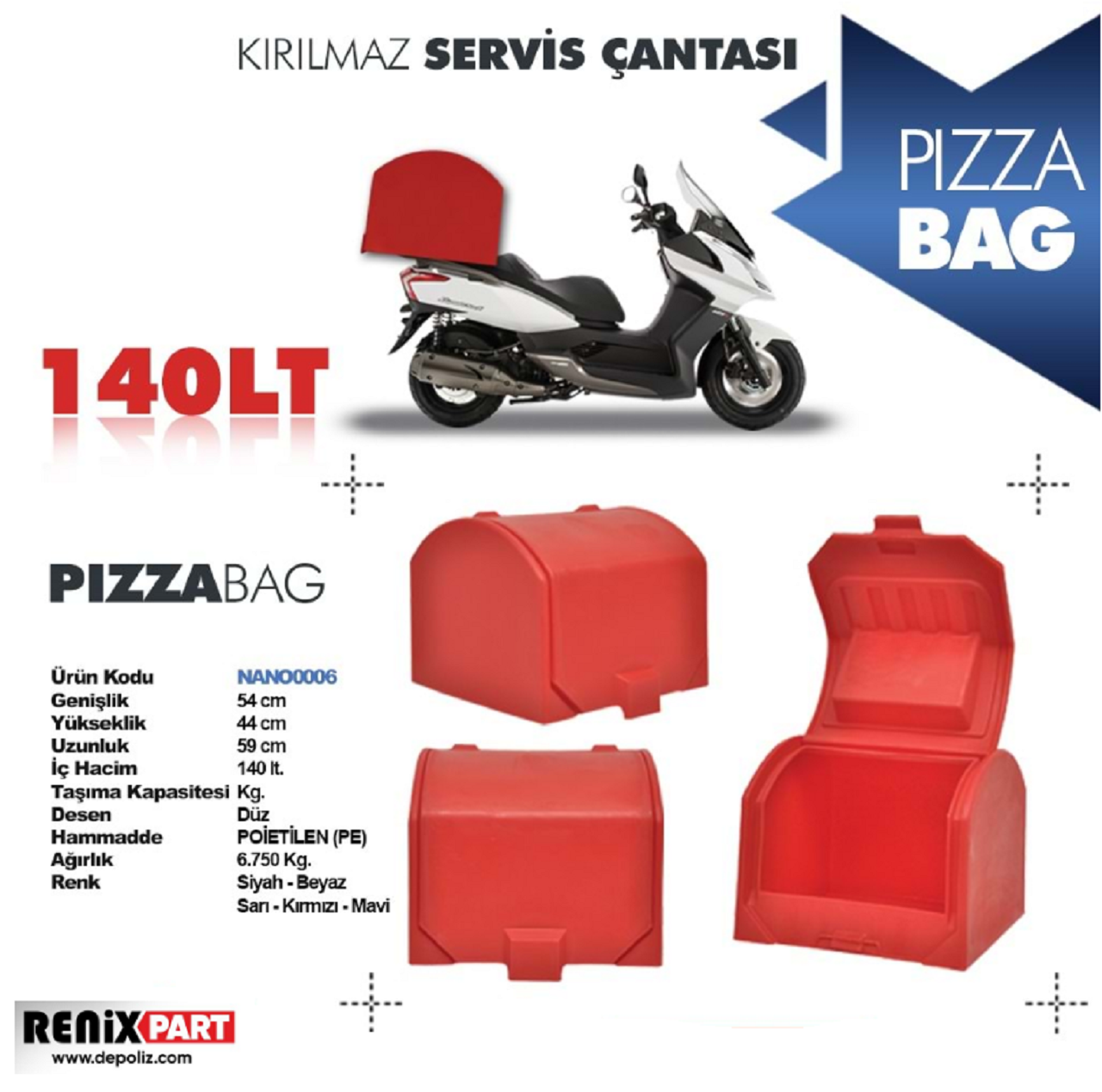 Motosiklet Servis Çantası 140 Litre Kırmızı Renixpart